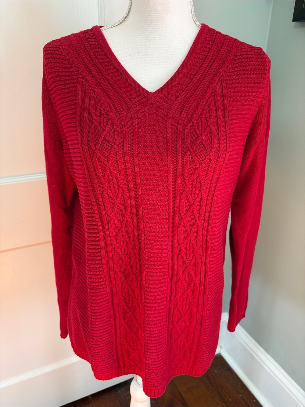 Talbots Bright Red V-Neck Cable Knit Sweater 100% Cotton Size Small